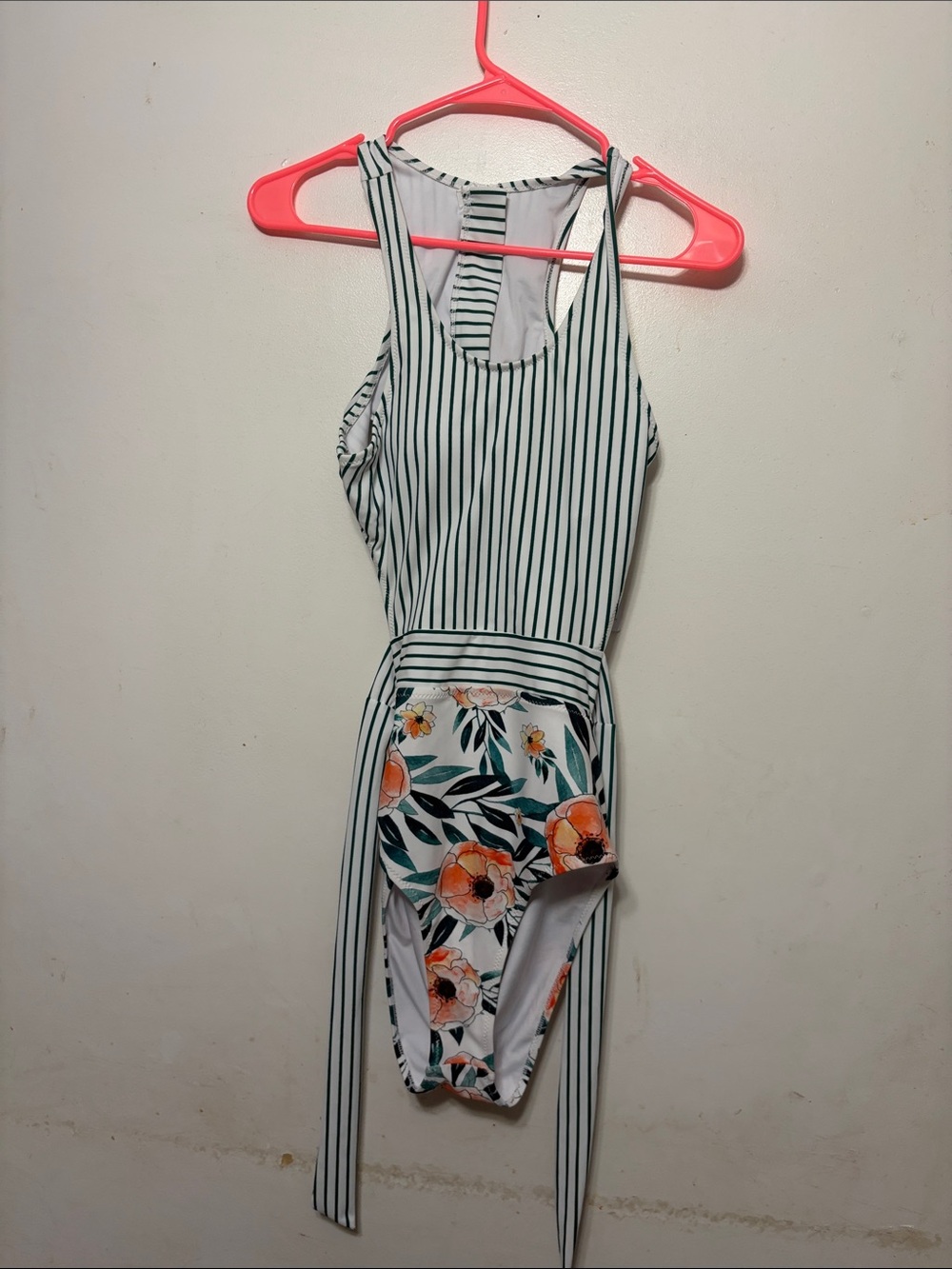 Cupshe White and Black Striped One-Piece Swimsuit with Floral Panel